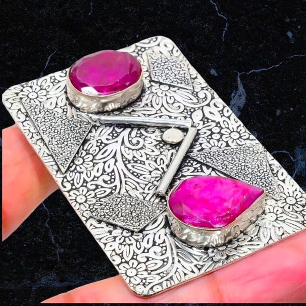 Kashmir Ruby Gemstone Pendant Necklace Tribal Ethnic Bold Piece